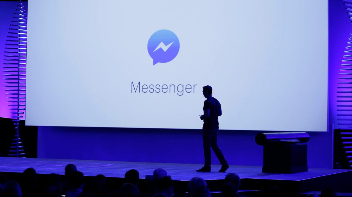 David Marcus, Facebook's vice president of messaging products, discusses new features of the Messenger app during the F8 Facebook Developer Conference in San Francisco in April.