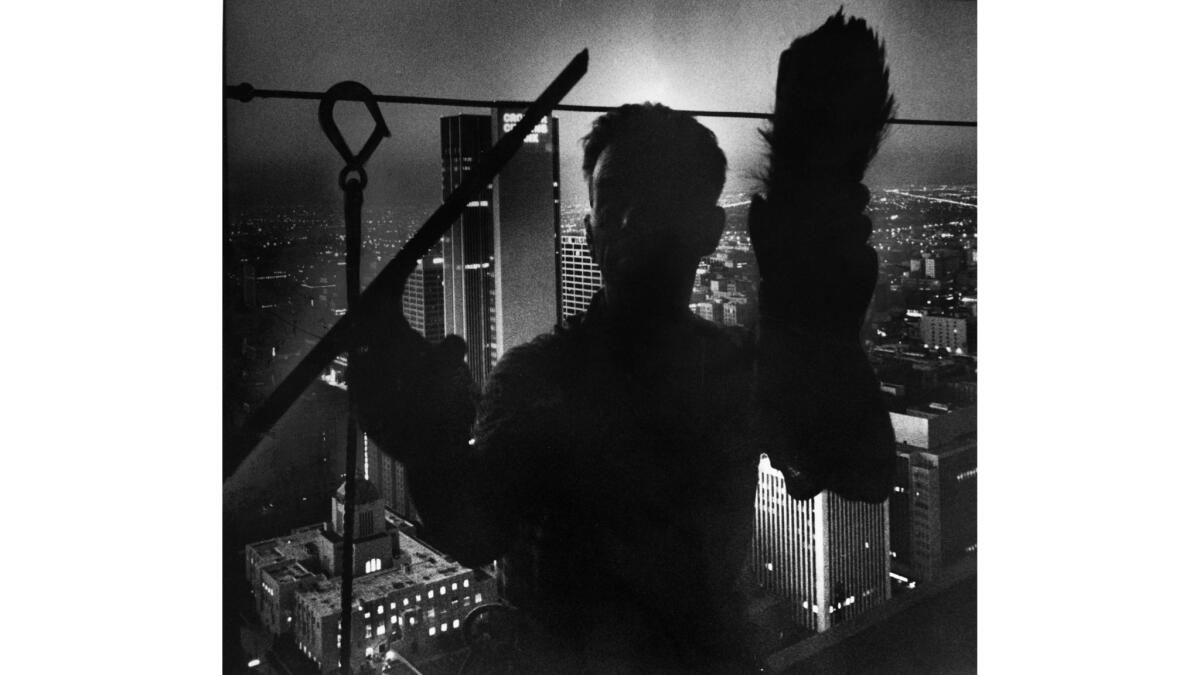 March 1, 1970: A workman cleans one of the Union Bank building's 4,366 windows in the morning's wee hours. This photo appeared in the April 30, 1970, Los Angeles Times.