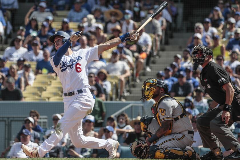 Los Angeles, CA, Sunday, October 3, 2021 -Los Angeles Dodgers shortstop Trea Turner (6) hits a grand slam in the fifth inning against the Milwaukee Brewers at Dodger Stadium. (Robert Gauthier/Los Angeles Times)