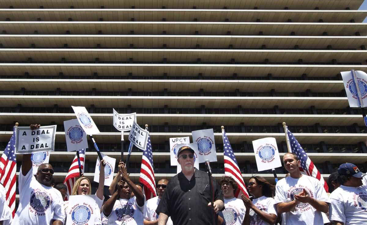 L.A. Department of Water and Power union boss Brian D'Arcy at a rally in June protesting the withholding of payments to two utility-related nonprofits until a city audit of the groups is completed.