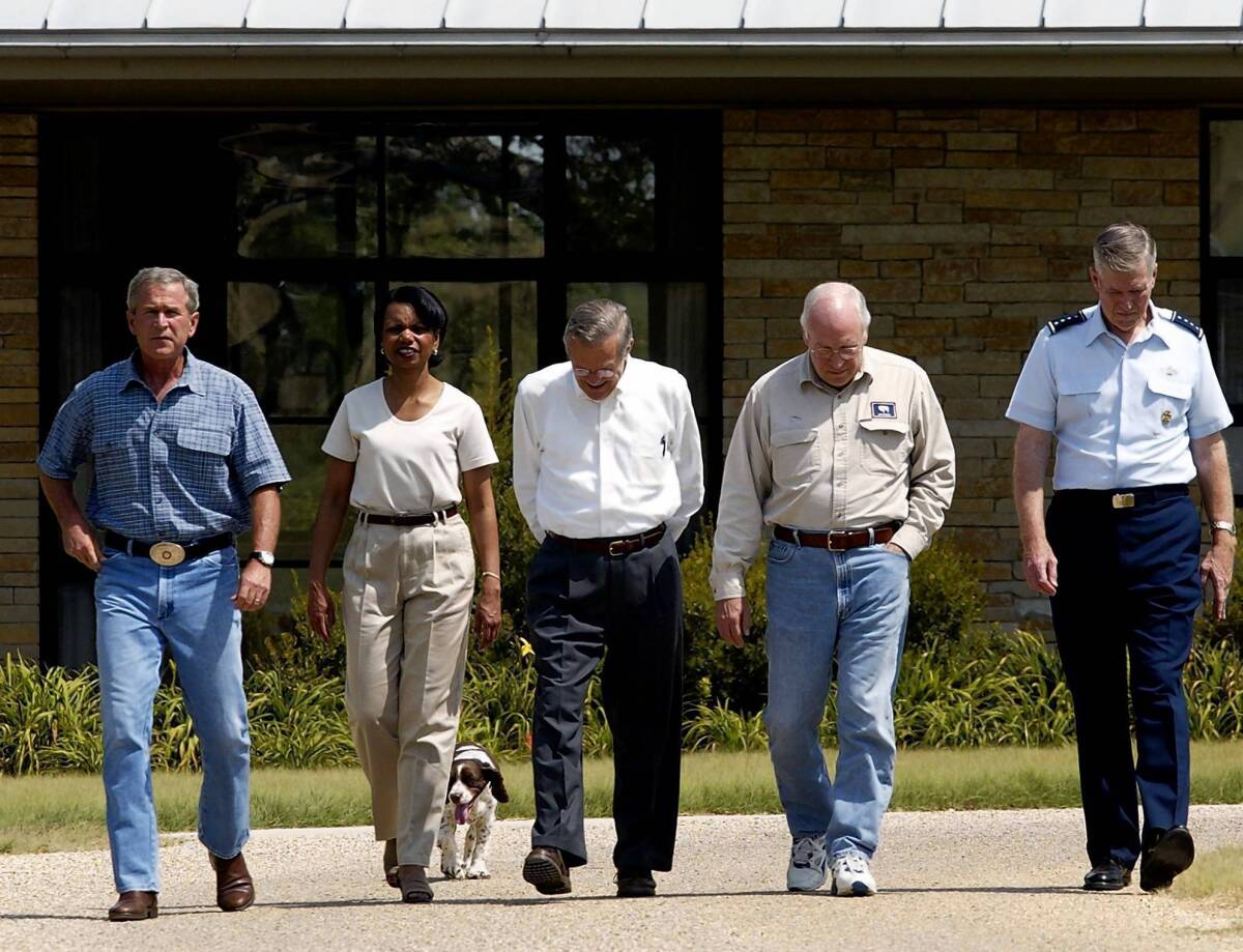 President George W. Bush with Condoleezza Rice, Donald Rumsfeld, Dick Cheney and Richard Myers.