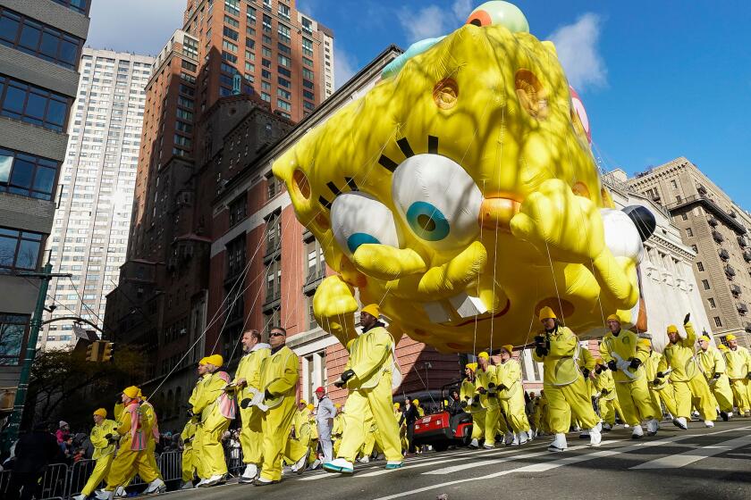 Mandatory Credit: Photo by PORTER BINKS/EPA-EFE/REX (10487373n) SpongeBob SquarePants during the 93rd Annual Macy's Thanksgiving Day Parade in New York City, New York, USA, 28 November 2019. The annual parade, which began in 1924, features giant balloons that were kept lower this year because of windy conditions on the streets of Manhattan. 93rd Annual Macy's Thanksgiving Day Parade in New York, USA - 28 Nov 2019 ** Usable by LA, CT and MoD ONLY **