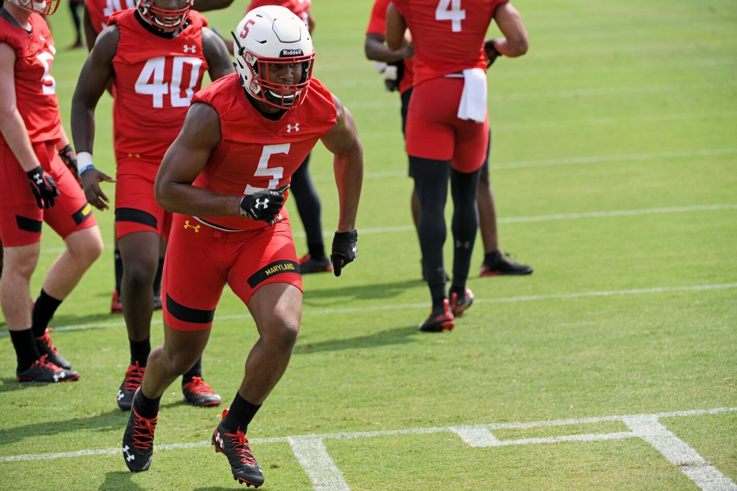 Shaq Smith, University of Maryland LB, during a drill at the Terps training camp on media day.