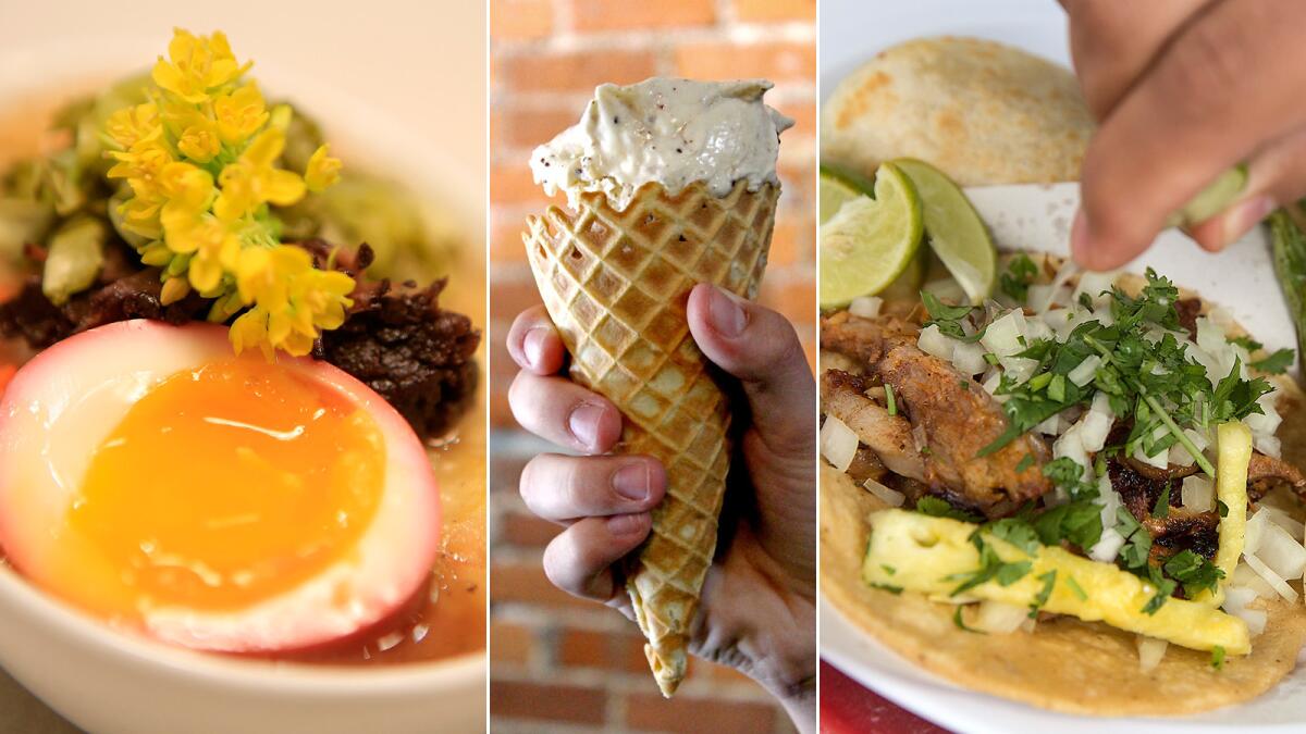 Pictured from left are porridge topped with an egg from Porridge and Puffs, a cone from McConnell's Fine Ice Cream, and tacos from Mexicali Taco & Co. The porridge pop-up, McConnell's and a new concept from Mexicali Tacos called Califa Tacos will all be featured at the Smorgasburg market.