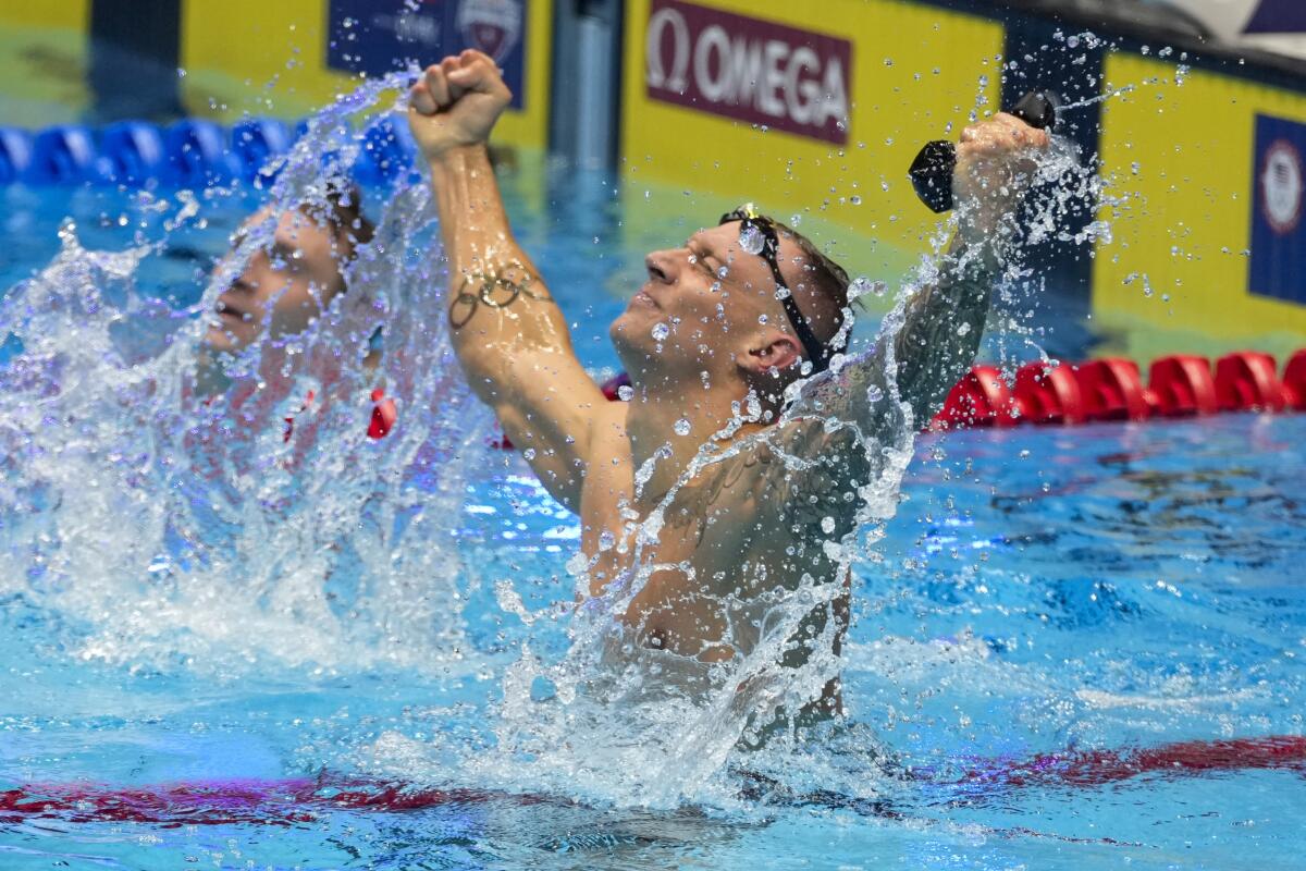 Caeleb Dressel reacts after winning the Men's 100 butterfly finals Saturday, June 22, 2024.