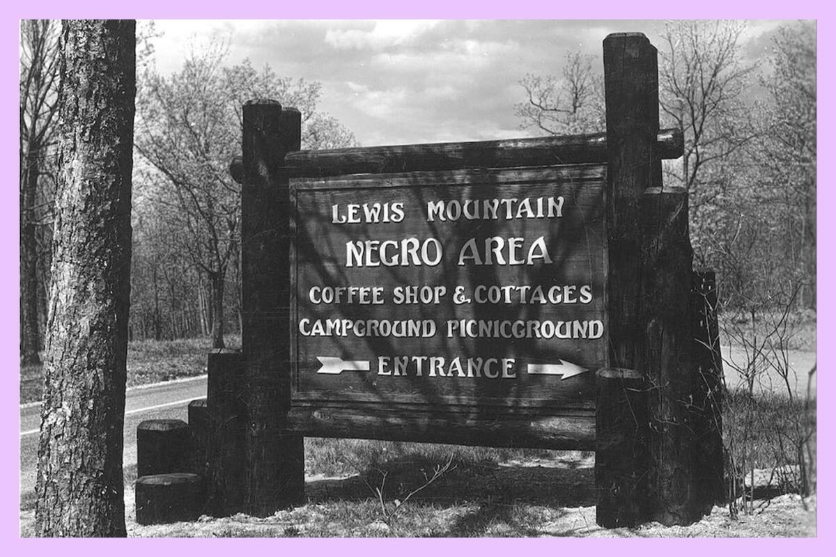 A sign for Lewis Mountain labelled "Negro Area"