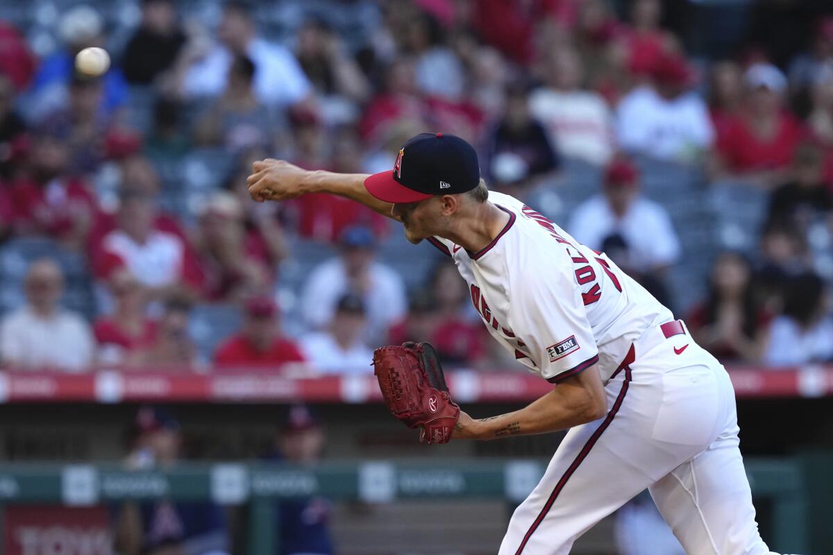Los Angeles Angels starting pitcher Jack Kochanowicz throws to the plate.