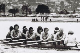 Starting line of the inaugural Crew Classic in West Mission Bay at ZLAC Rowing Club, 1973