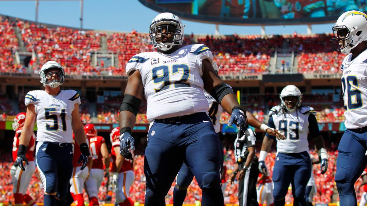 Defensive lineman Brandon Mebane starred at UCLA and with the Seahawks before joining the Chargers.