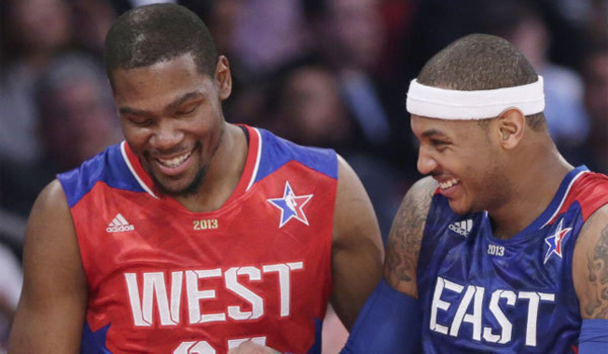 Oklahoma City's Kevin Durant, left, will be replaced this season as the NBA's top scorer by New York's Carmelo Anthony.