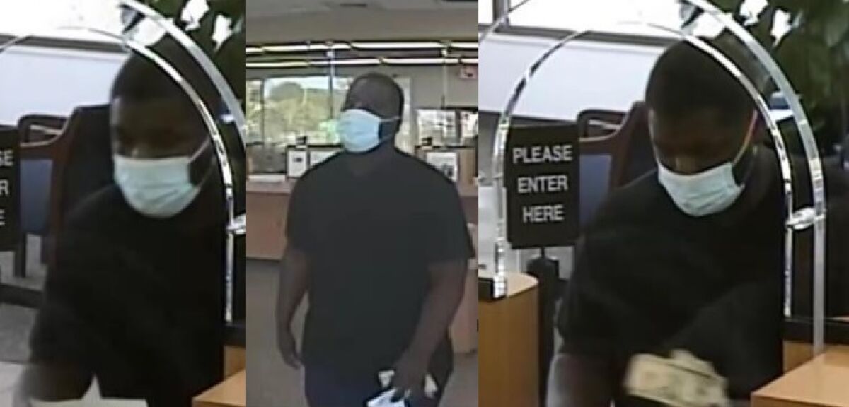 Surveillance images show the man suspected of robbing a bank teller Tuesday morning at a U.S. Bank branch in Escondido.
