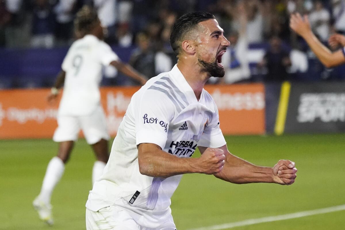 Los Angeles Galaxy midfielder Sebastian Lletget celebrates 