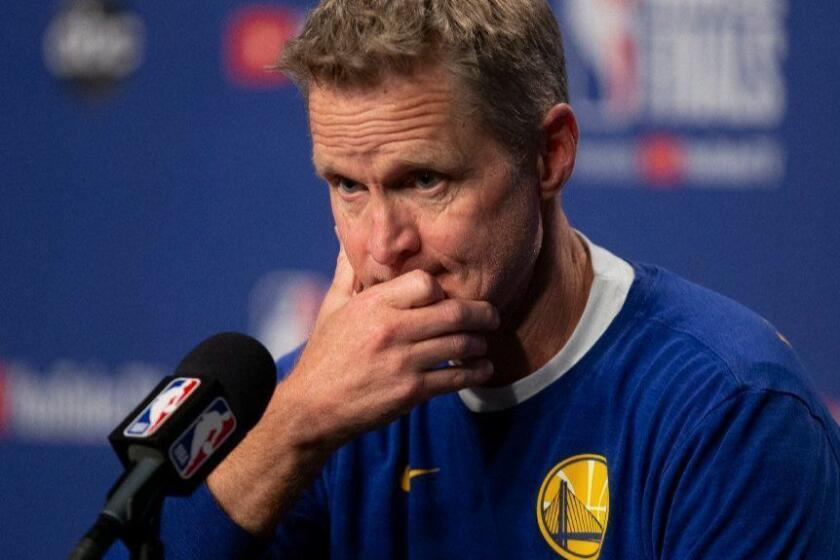 Golden State Warriors head coach Steve Kerr speaks to reporters during a news conference prior to practice in Toronto on Sunday June 9, 2019, ahead of Monday's game five of the NBA basketball Finals against the Toronto Raptors. (Chris Young/The Canadian Press via AP)