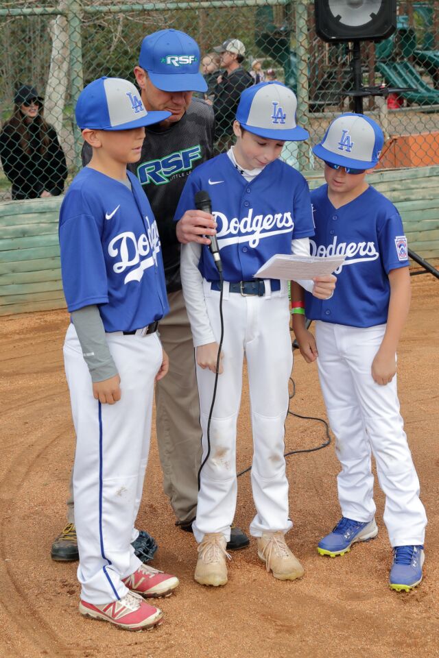 RSFLL President Bob Willingham and 3 majors players read the Little League Pledge