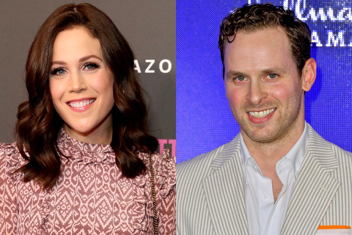 A split image of Erin Krakow and Ben Rosenbaum smiling at cameras.