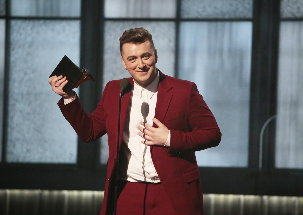 Sam Smith onstage accepting his Grammy for best new artist at the 57th Grammy Awards at Staples Center in Los Angeles.