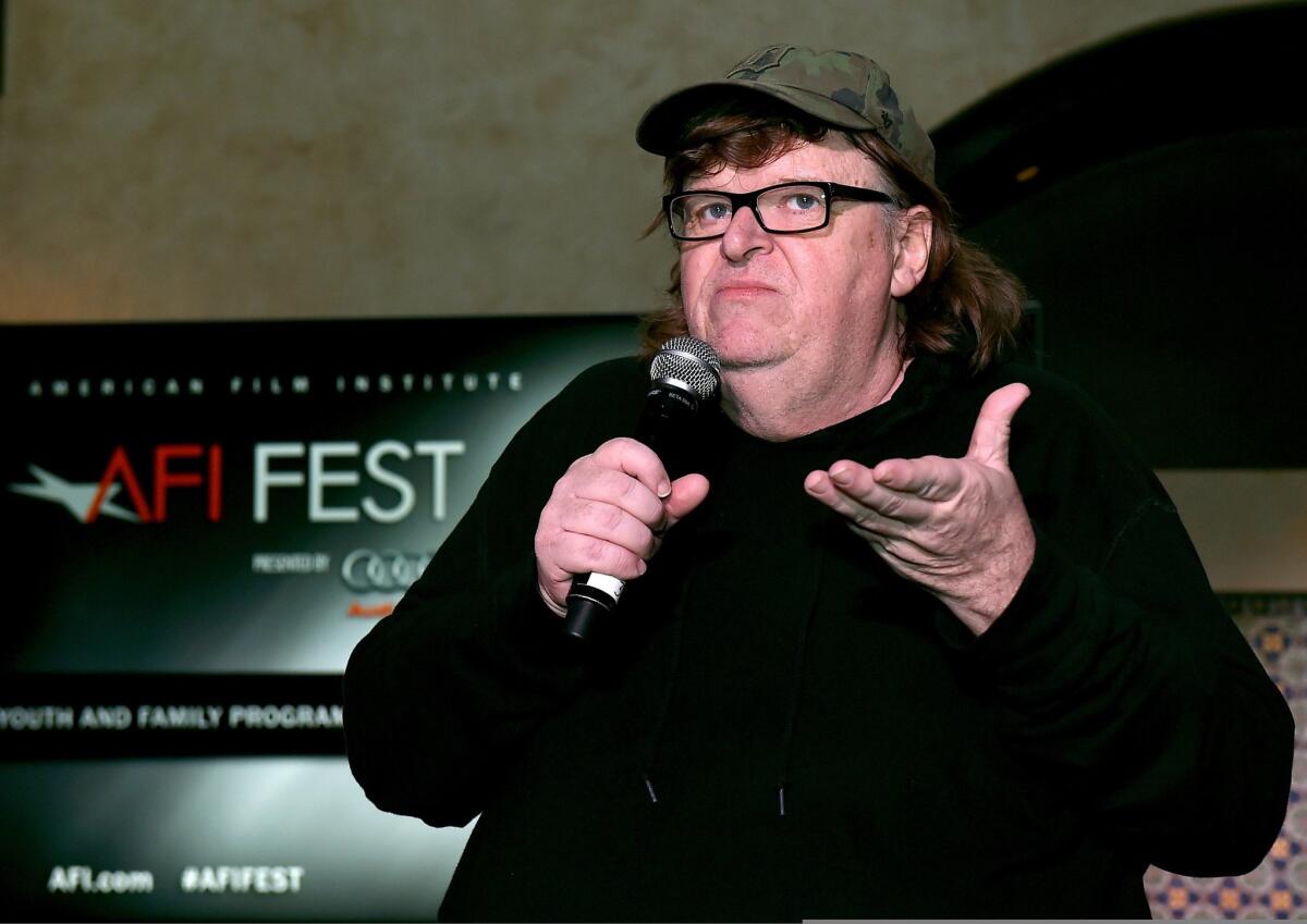 Filmmaker Michael Moore speaks at the after party for the Centerpiece Gala Premiere of' "Where to Invade Next" during AFI FEST 2015 on Nov. 7, 2015, in Hollywood.