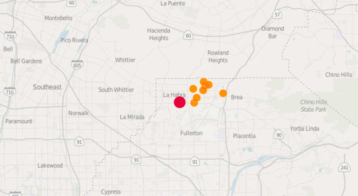 Map shows a swarm of earthquakes that hit the La Habra area on Friday.