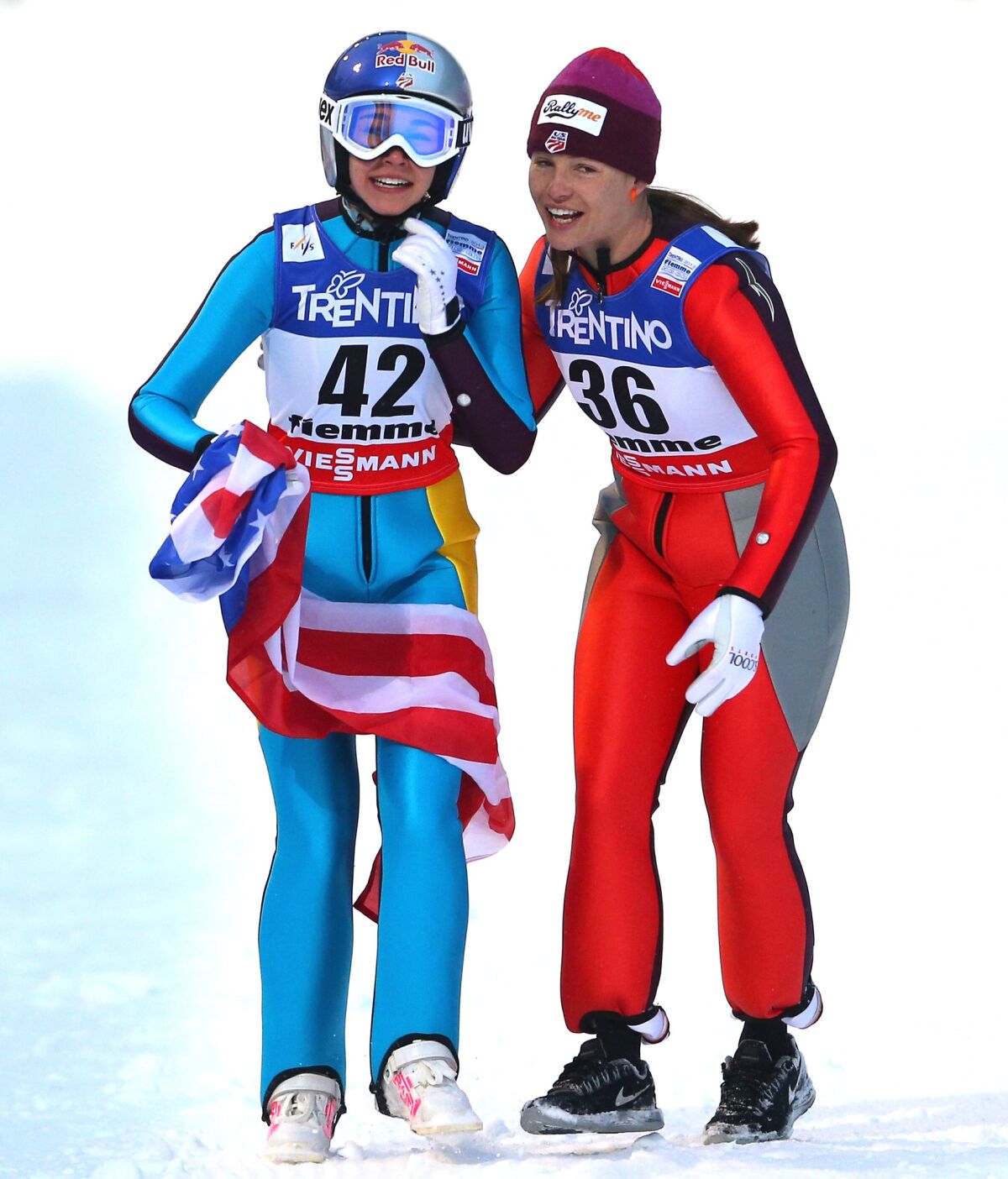 After winning an event at the FIS Nordic World Ski Championships in Italy last February, U.S. competitor Sarah Hendrickson, left, ceberates with teammate Lindsey Van.