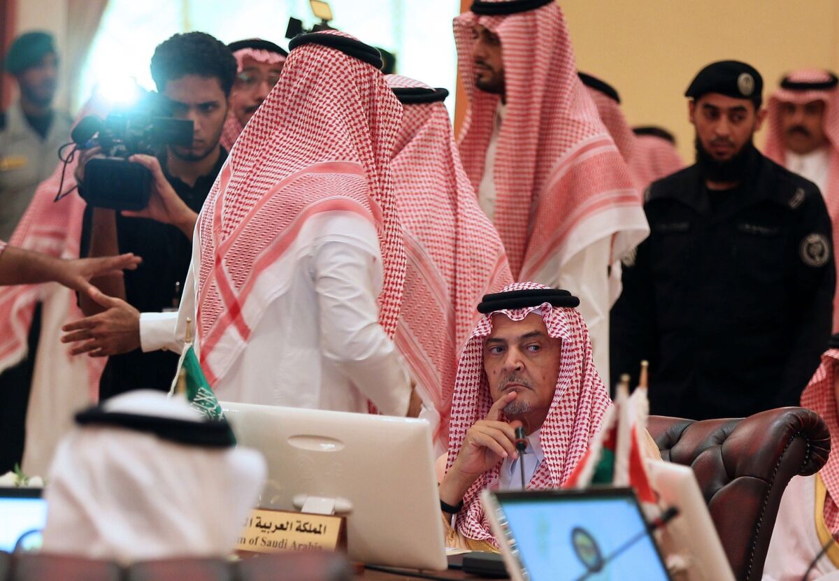 The Saudi foreign minister Prince Saud al Faisal, seated, at last month's meeting of six foreign ministers of the Gulf Cooperation Council in Jidda, Saudi Arabia, where they discussed measures to aid Syrian rebels. Saudi anger over the United States' reluctance to intervene in the Syrian civil war and Washington's recent diplomatic contacts with Tehran are believed to be behind the kingdom's decision to reject a seat on the U.N. Security Council.