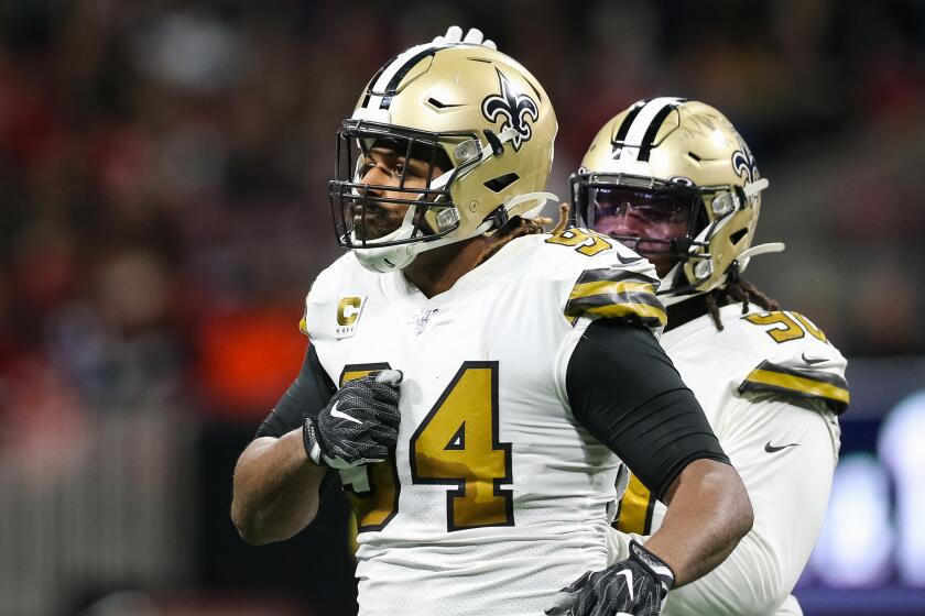 ATLANTA, GA - NOVEMBER 28: Cameron Jordan #94 of the New Orleans Saints reacts after making a tackle during the first half of a game against the Atlanta Falcons at Mercedes-Benz Stadium on November 28, 2019 in Atlanta, Georgia. (Photo by Carmen Mandato/Getty Images)