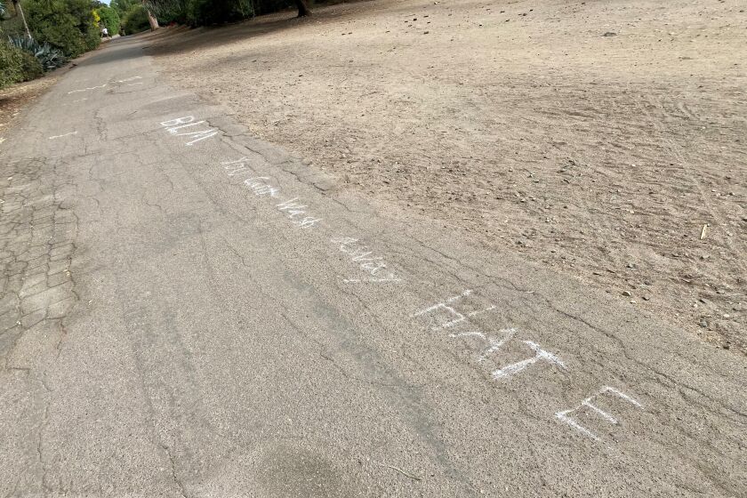 "BLM" and "You can’t wash away hate" are pictured written in chalk on the La Jolla Bike Path on Sept. 21.