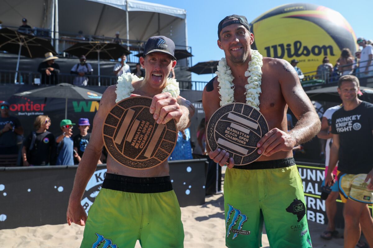 Tri Bourne, left, and Trevor Crabb won the Manhattan Beach Open last month and are slated to appear in Laguna Beach.