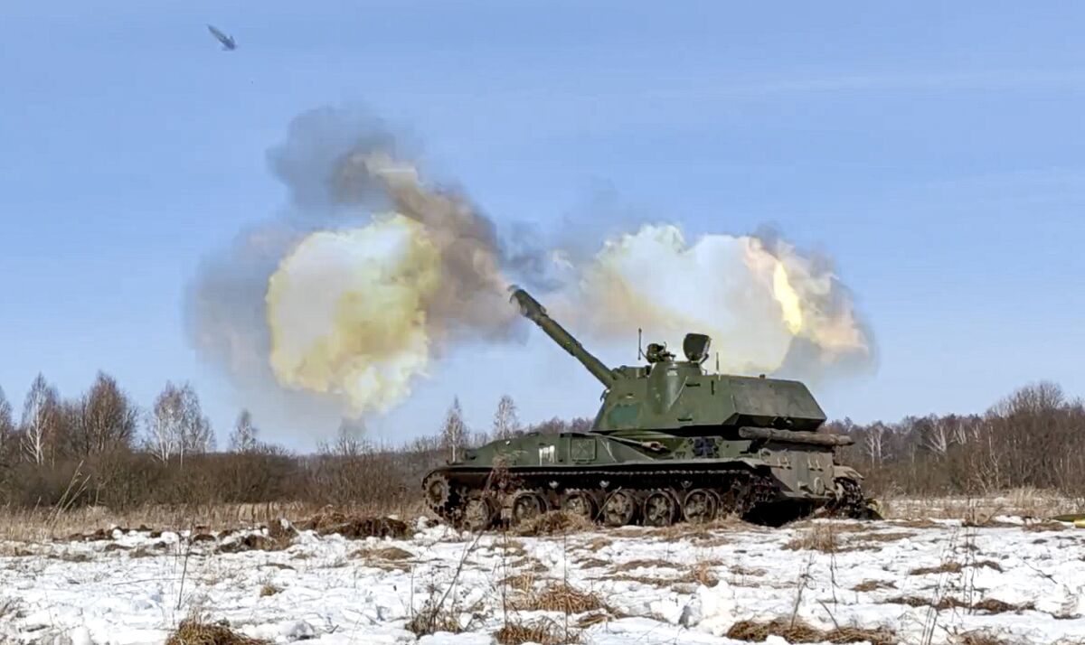 FILE - In this photo taken from video provided by the Russian Defense Ministry Press Service on Tuesday, Feb. 15, 2022, a self-propelled artillery mount fires at the Osipovichi training ground during the Union Courage-2022 Russia-Belarus military drills in Belarus. The Russian invasion of Ukraine is the largest conflict that Europe has seen since World War II, with Russia conducting a multi-pronged offensive across the country. The Russian military has pummeled wide areas in Ukraine with air strikes and has conducted massive rocket and artillery bombardment resulting in massive casualties. (Russian Defense Ministry Press Service via AP, File)
