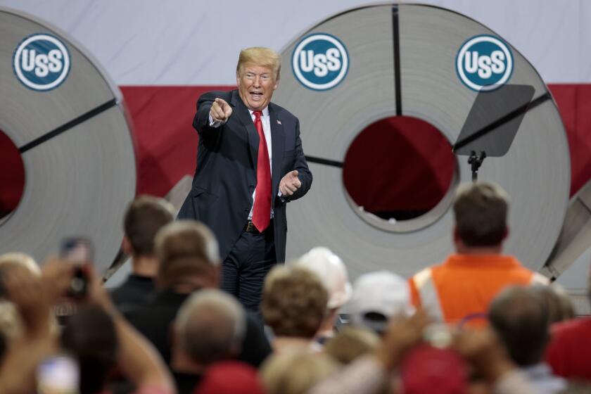 GRANITE CITY, IL - JULY 26: President Donald Trump acknowledges the crowd after speaking on July 26, 2018 at U.S. Steel's Granite City Works plant in Granite City, Illinois. US Steel credits trumps plan to impose tariffs on imported steel to enable them to start idled furnaces. (Photo by Whitney Curtis/Getty Images) ** OUTS - ELSENT, FPG, CM - OUTS * NM, PH, VA if sourced by CT, LA or MoD **