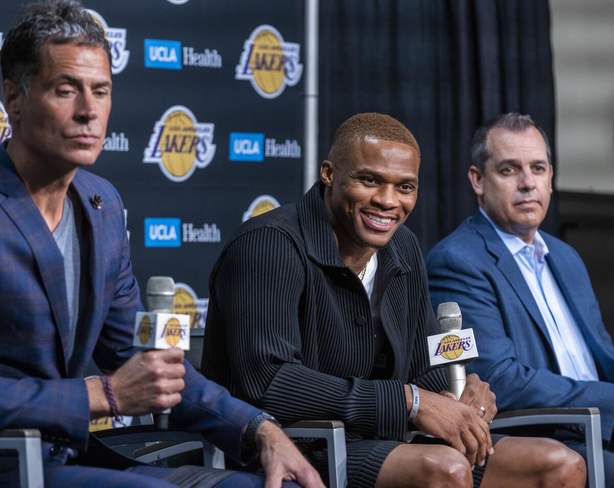 Russell Westbrook speaks after being introduced to the media as one of the newest Lakers.
