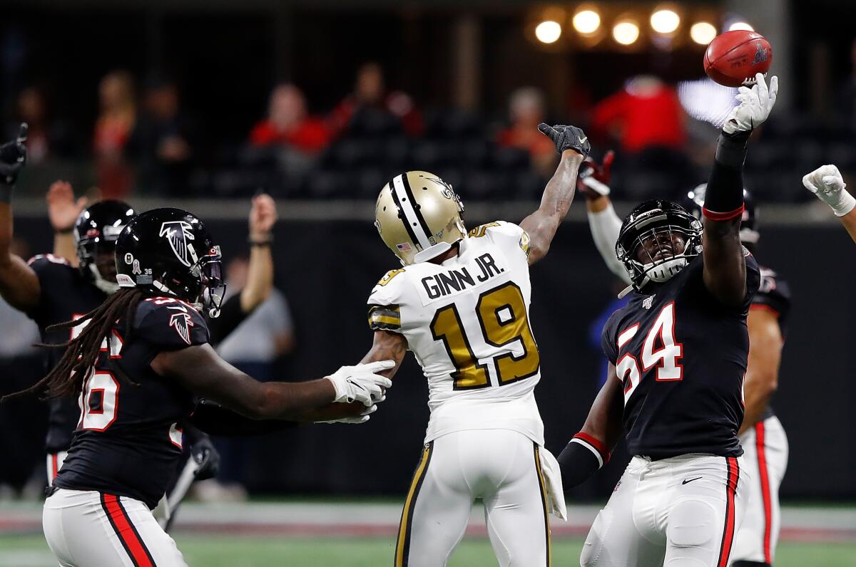 ATLANTA, GEORGIA - NOVEMBER 28: Foye Oluokun #54 of the Atlanta Falcons celebrates recovering an onside kick against the New Orleans Saints in the final minutes at Mercedes-Benz Stadium on November 28, 2019 in Atlanta, Georgia. (Photo by Kevin C. Cox/Getty Images) ** OUTS - ELSENT, FPG, CM - OUTS * NM, PH, VA if sourced by CT, LA or MoD **