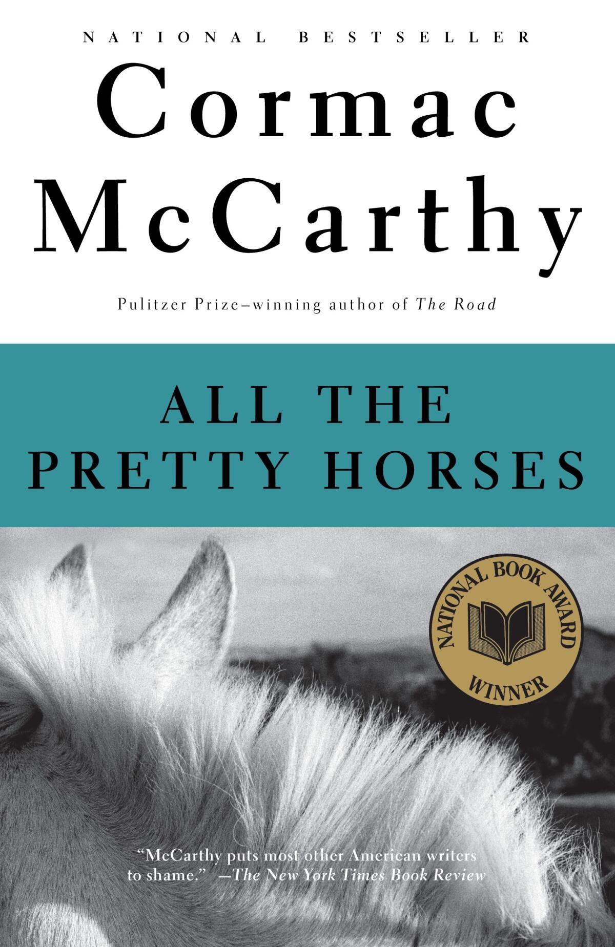 Book cover for "All the Pretty Horses" by Cormac McCarthy, featuring a black-and-white image of a horse's mane.