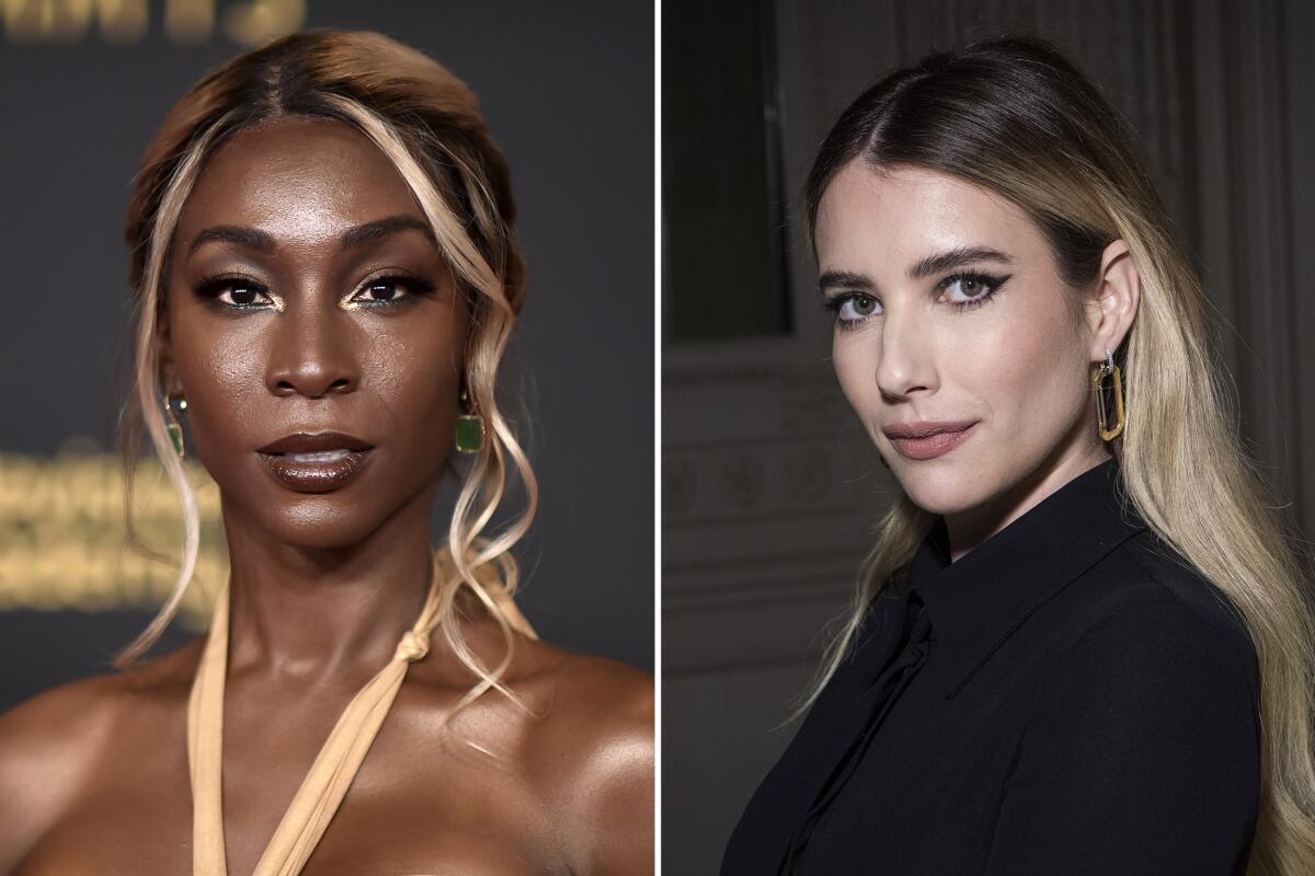 Separate head-shot photos of Angelica Ross with bare shoulders and Emma Roberts in a black shirt