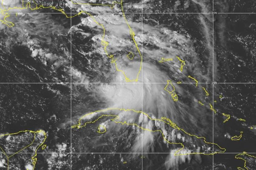 This Saturday, Sept. 12, 2020 image provided by NOAA shows the formation of Tropical Storm Sally. Tropical Storm Sally has formed off south Florida, becoming the earliest 18th-named tropical storm on record in a busy Atlantic hurricane season. (NOAA via AP)
