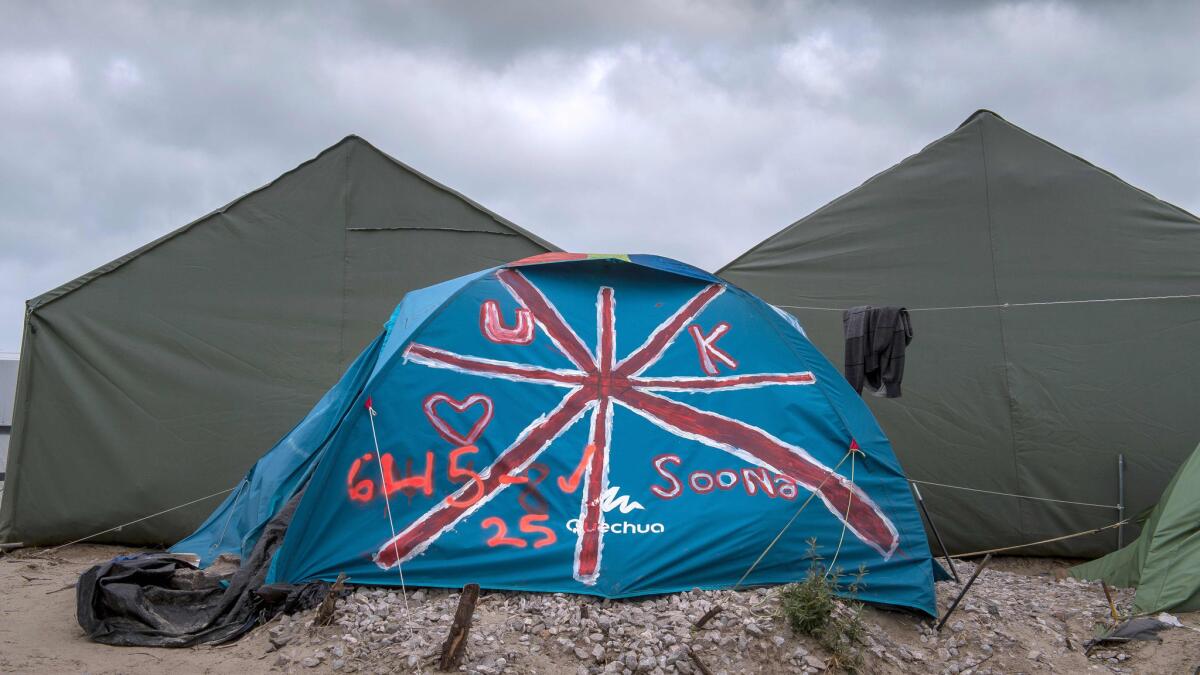 A tent is painted with the British flag at the "Jungle" migrant camp in Calais, France