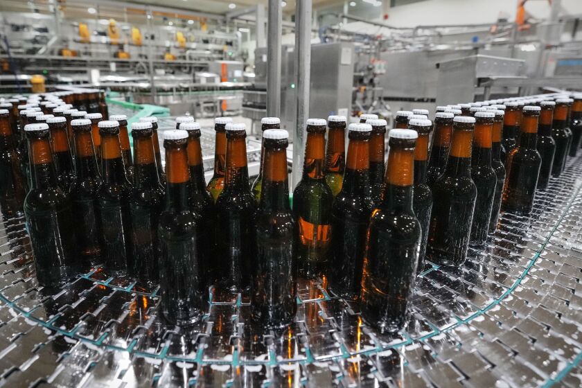 En esta imagen de archivo, botellas de cerveza en una línea de llenado en la cervecería Veltins, en Meschede, Alemania, el 24 de agosto de 2022. (AP Foto/Martin Meissner, archivo)