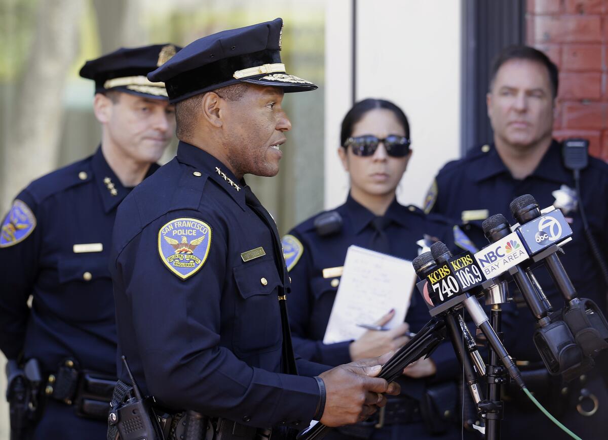 FILE - In this May 3, 2017, file photo, San Francisco Police Chief Bill Scott speaks to reporters in San Francisco. San Francisco saw an increase in shootings in the first half of 2021 compared to the same period in 2020, and a slight uptick in aggravated assaults like those seen in viral videos. Scott said, Monday, July 12, 2021, that retail robberies have declined despite brazen thefts caught on video. (AP Photo/Jeff Chiu, File)