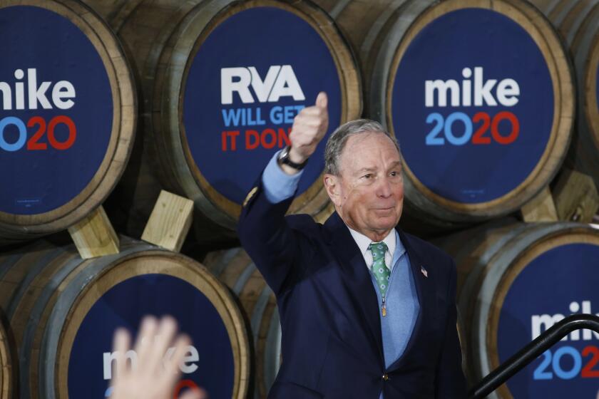Democratic presidential candidate Mike Bloomberg gives his thumbs-up after speaking during a campaign event at Hardywood Park Craft Brewery in Richmond, Va., Saturday, Feb. 15, 2020. (James H. Wallace/Richmond Times-Dispatch via AP)