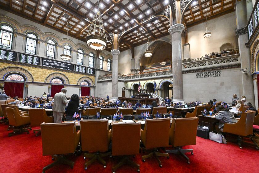 The New York state Assembly Chamber is seen as lawmakers debate end of session legislative bills at the state Capitol in Albany, N.Y., Wednesday, June 7, 2023. (AP Photo/Hans Pennink)