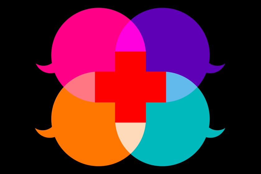 Four speech bubbles overlap to form a red cross.