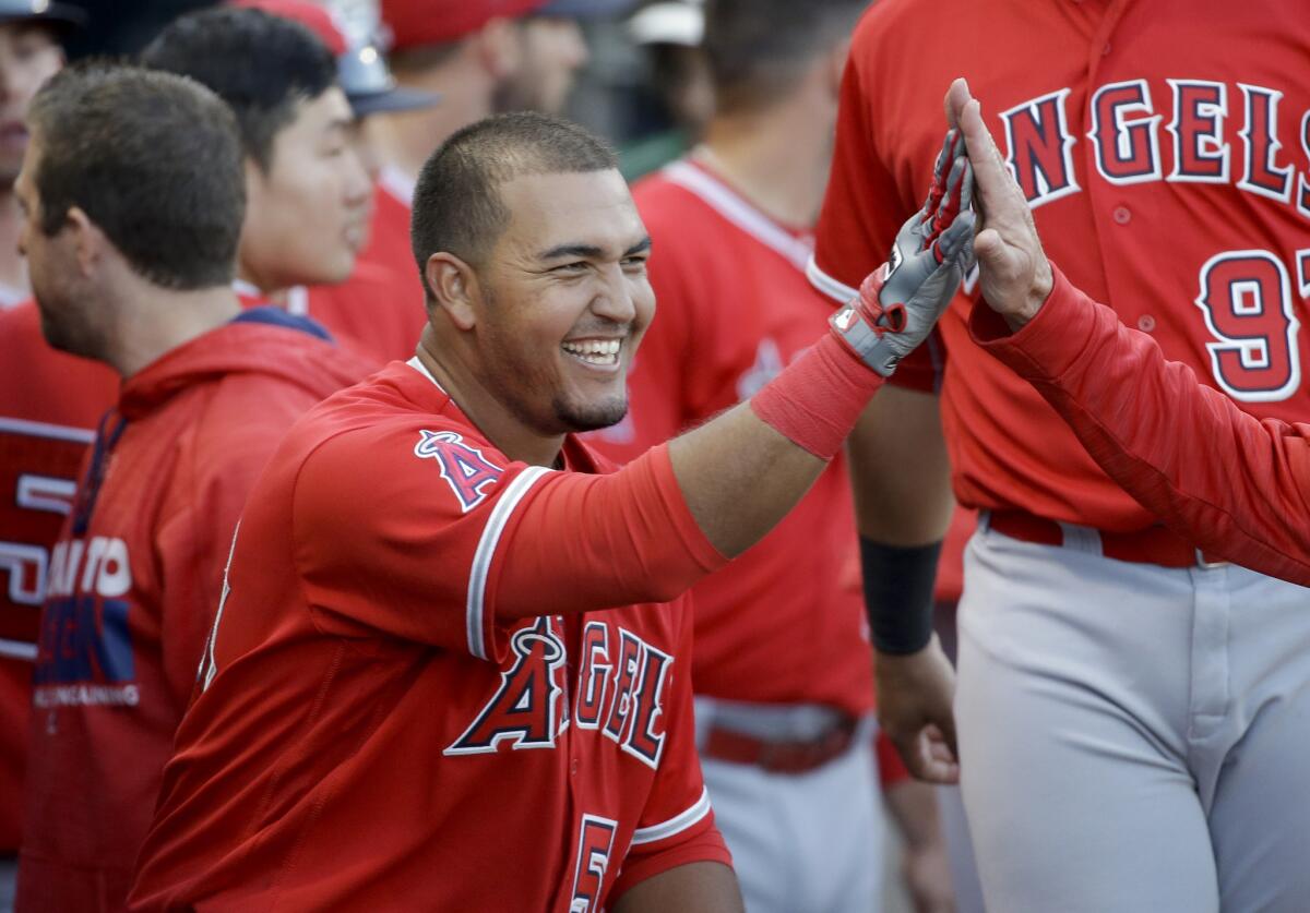Angels catcher Carlos Perez celebrates after hitting a home run against the Diamondbacks during the sixth inning of a spring training game on March 8.