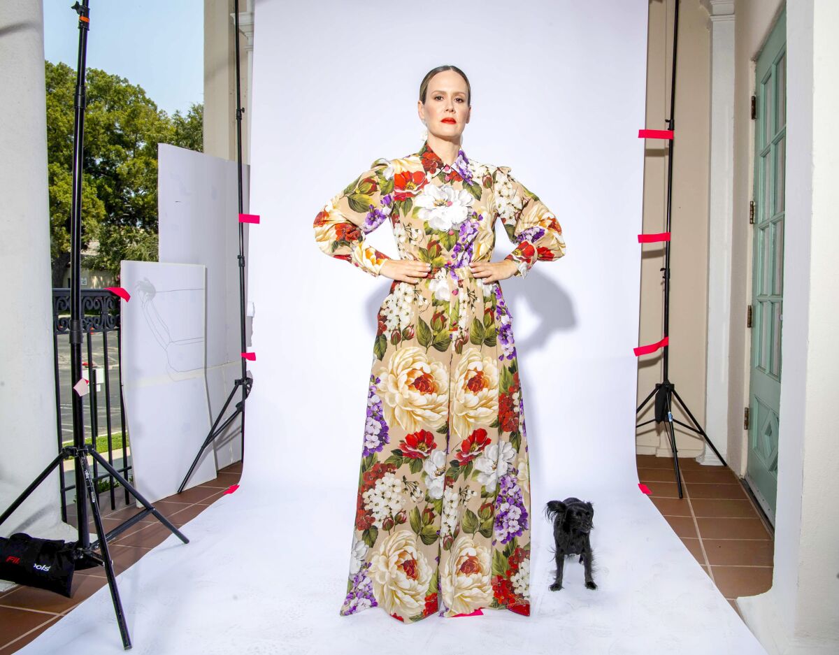 Actress Sarah Paulson photographed on the Fox Studios lot with her rescue dog Winnie.