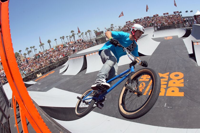 HUNTINGTON BEACH, CA - AUGUST 08: Pat Casey competes in the BMX Pro Finals during the 2010 Hurley U.S. Open of Surfing on August 8, 2010 in Huntington Beach, California. (Photo by Victor Decolongon/Getty Images)