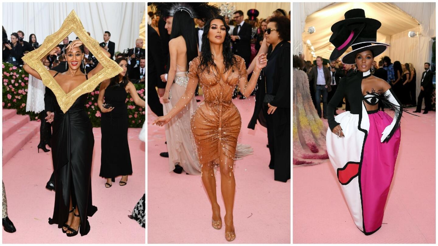 Tracee Ellis Ross gets framed while wearing a black Moschino gown, from left, Kim Kardashian West goes for the latex look in Thierry Mugler, and Janelle Monáe wears a custom Christian Siriano ensemble that slyly winks on the 2019 Met Gala red carpet.