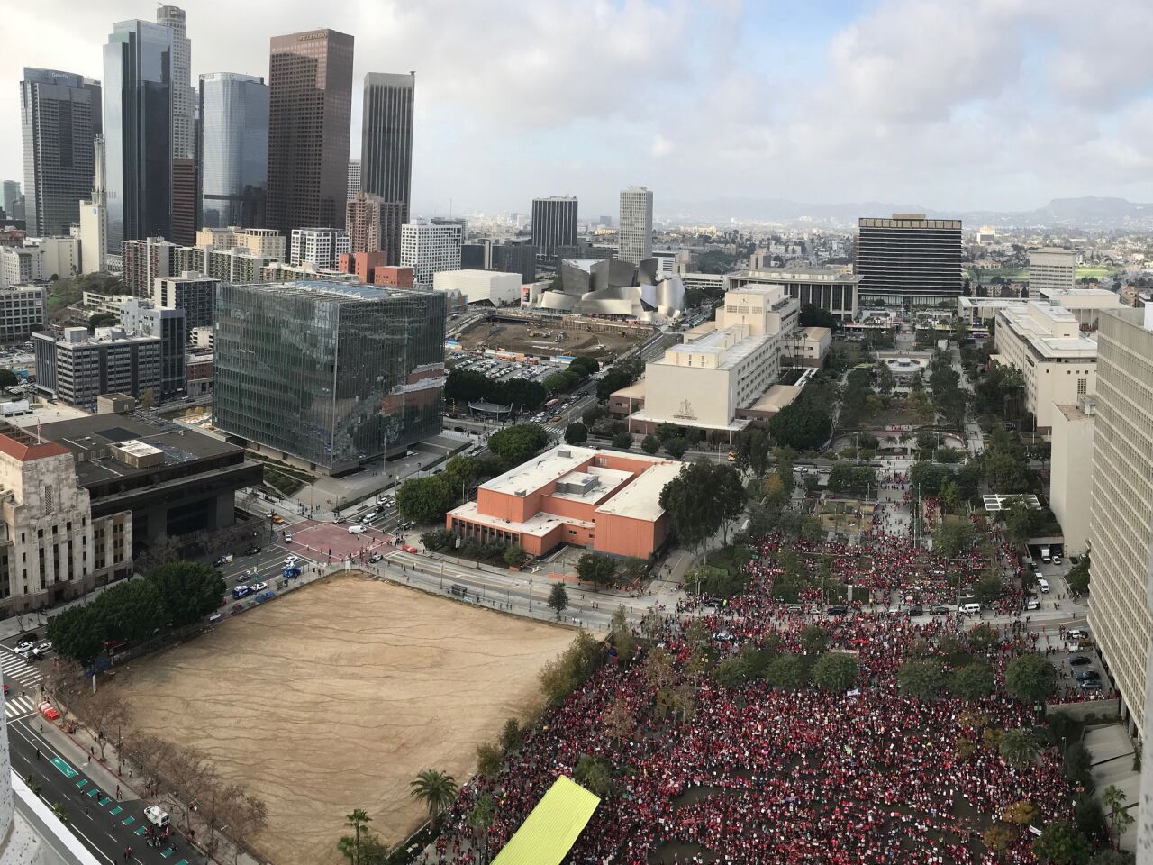 Thousands of educators with the United Teachers Los Angeles attend a rally on the fifth day of the teachers strike in Grand Park in downtown Los Angeles.