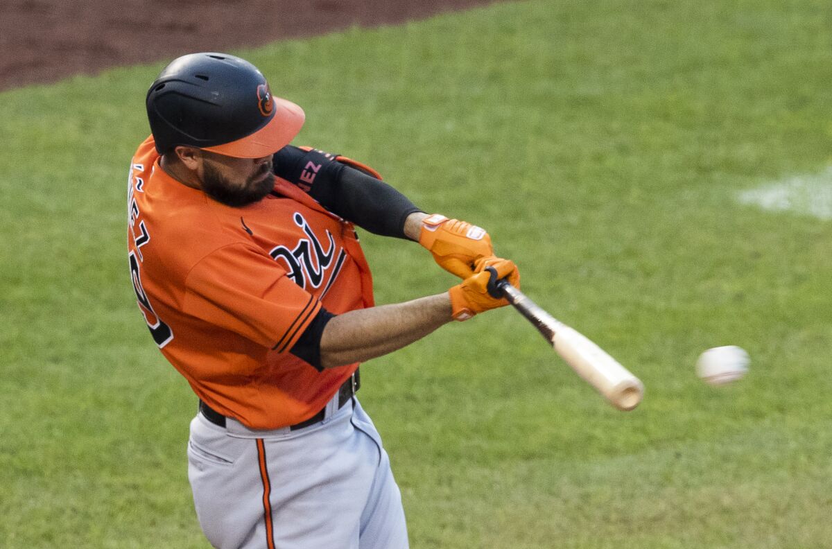 Baltimore Orioles' Renato Nunez hits a single during the fifth inning of the team's baseball game against the Baltimore Orioles in Washington, Saturday, Aug. 8, 2020. (AP Photo/Manuel Balce Ceneta)
