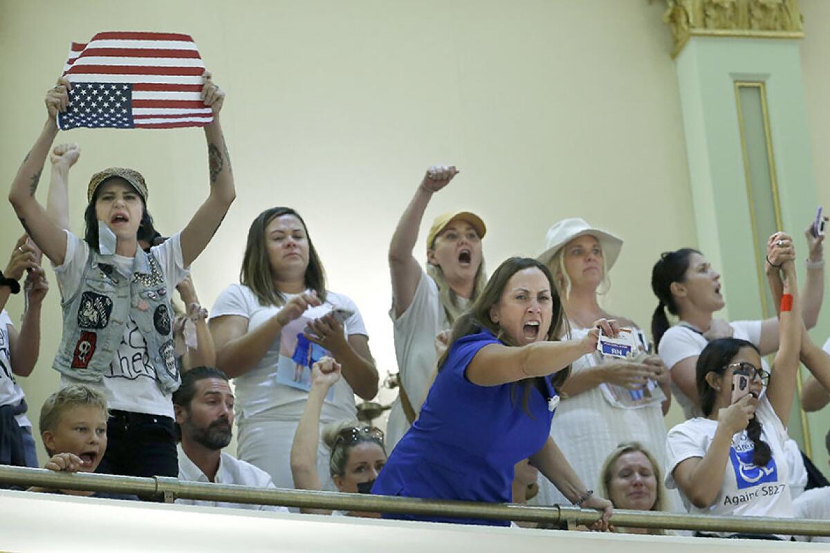 Opponents of recently passed legislation to tighten the rules on giving exemptions for vaccinations demonstrate in the Assembly gallery after lawmakers approved the companion bill on Monday in Sacramento.