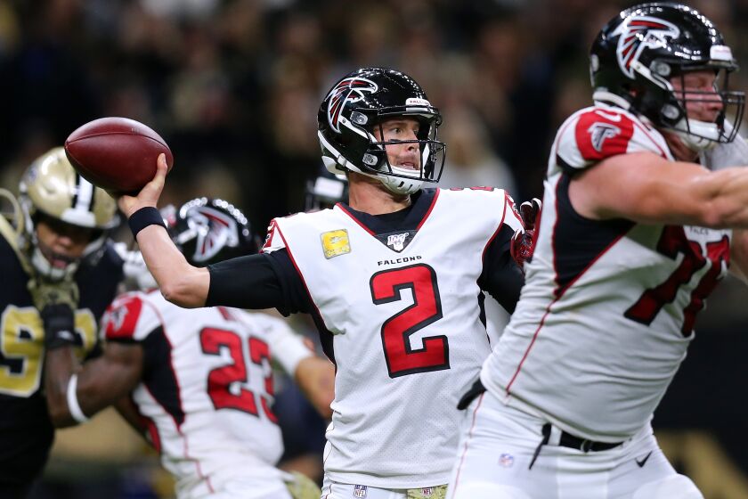 NEW ORLEANS, LOUISIANA - NOVEMBER 10: Matt Ryan #2 of the Atlanta Falcons throws the ball during the second half of a game against the New Orleans Saints at the Mercedes Benz Superdome on November 10, 2019 in New Orleans, Louisiana. (Photo by Jonathan Bachman/Getty Images)