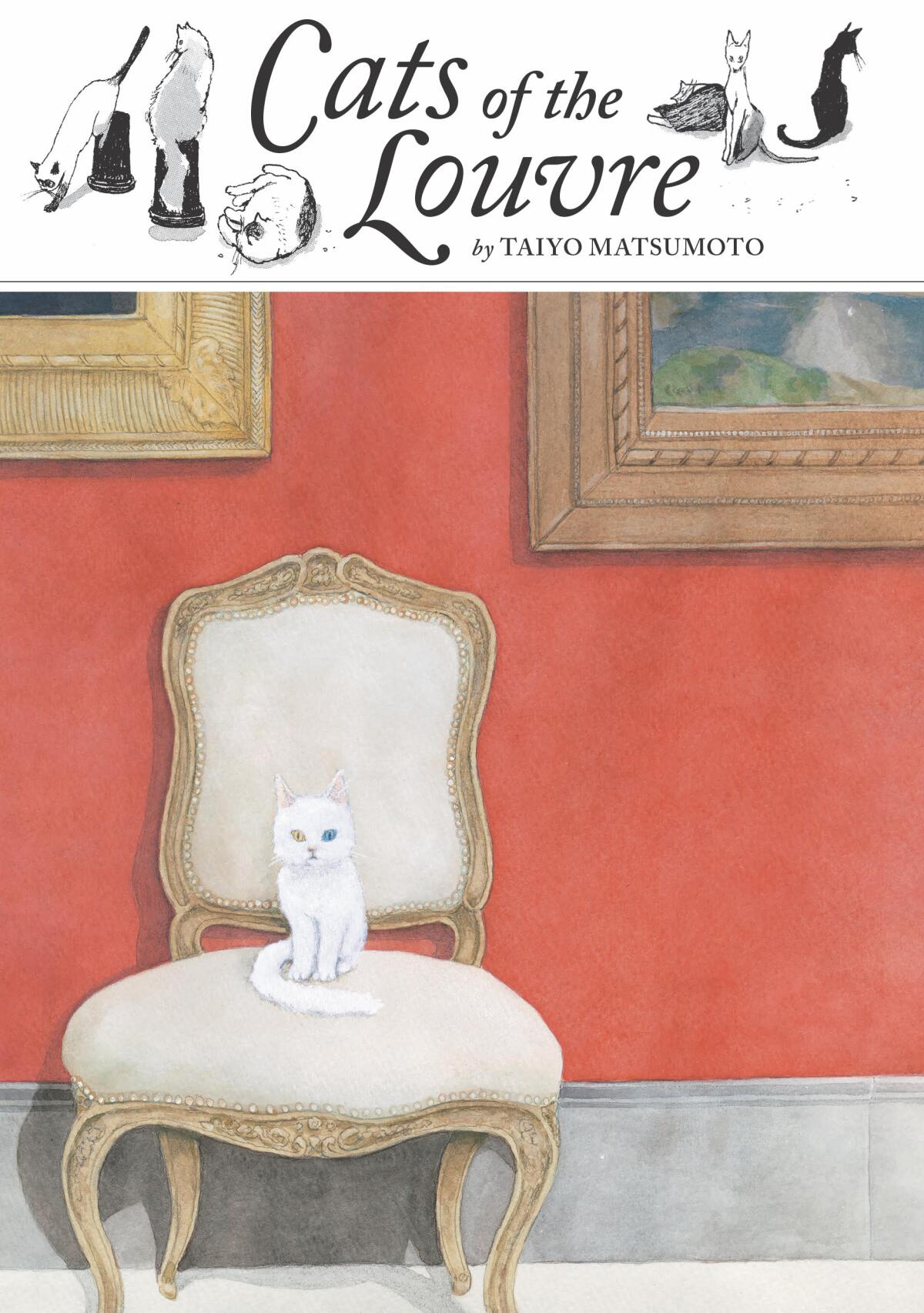 The cover of "Cats of the Louvre" shows a white kitten with one green and one blue eye sitting on a museum chair