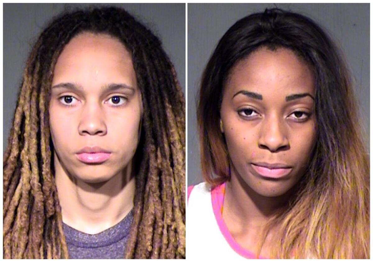 Booking photos of WNBA players Brittney Griner, left, and her fiancee, Glory Johnson, after they were arrested Wednesday on suspicion of assault and disorderly conduct.